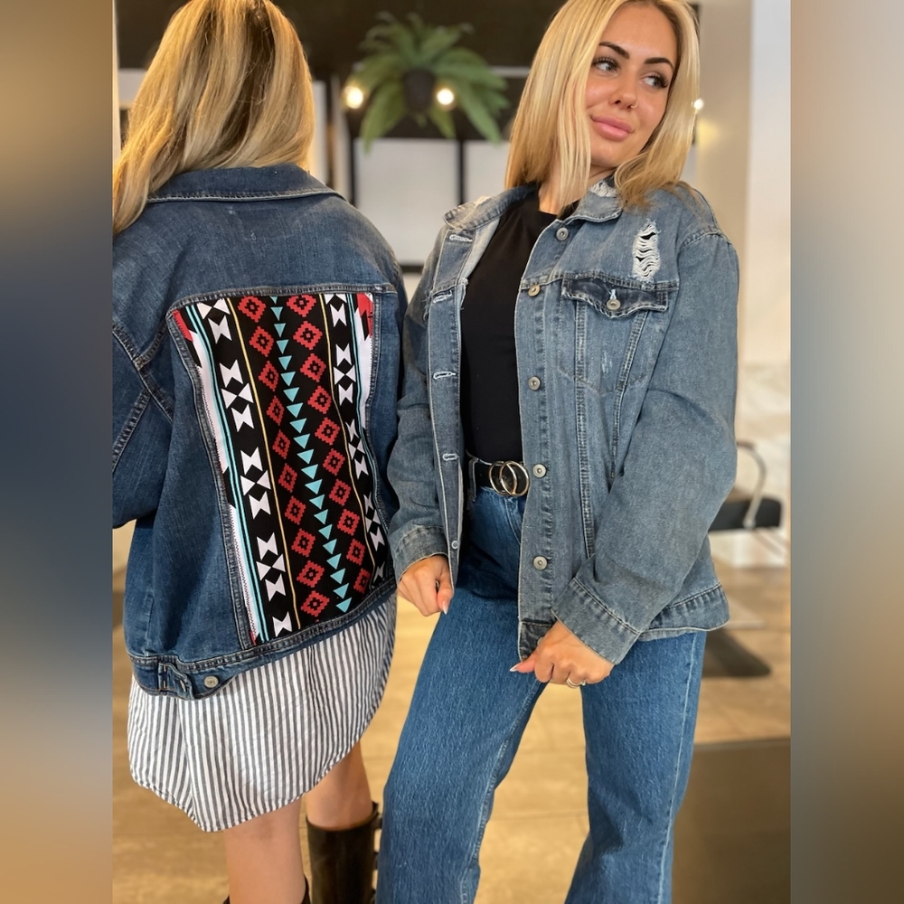 Custom jean jackets with aztec embroidery, vintage, western inspired